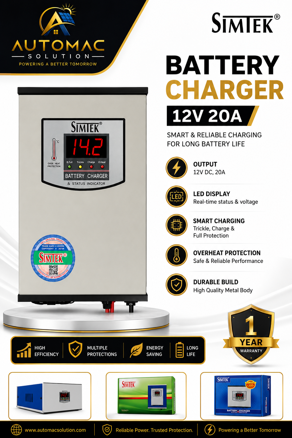 SimTek 12V 20A smart battery charger with LED display